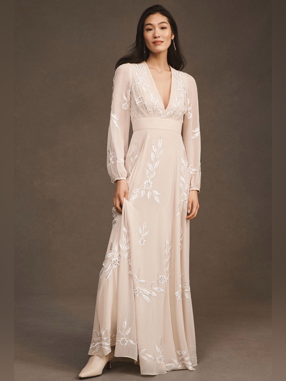 BHLDN Belize Embroidered A-Line
Long-Sleeve V-Neck Gown NWT